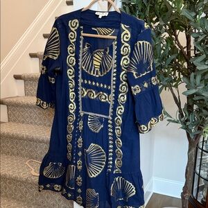 NEMA Navy Dress with Gold Shell Embroidered Pattern